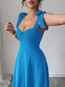 elegante y romántico para mujer con lazo decorativo en la cintura y corte evasé sin mangas - Azul - Ver 5
