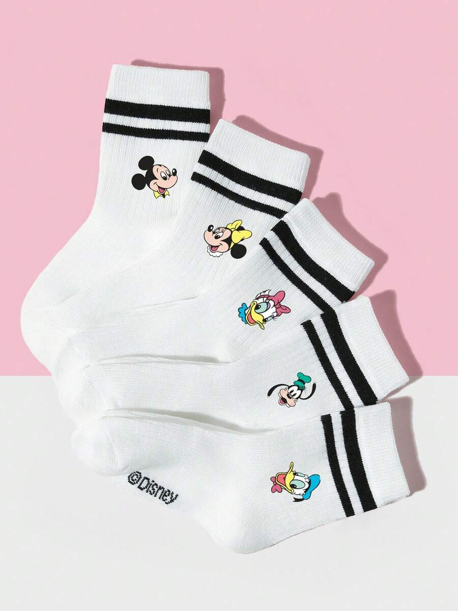 5 đôi tất Disney cho trẻ em/bé trai, kiểu dáng sinh viên cho mùa xuân/hè, tất ngắn/tất sọc/tất Giáng sinh, họa tiết chuột/chó/vịt hoạt hình dễ thương, tất dài đến bắp chân, co giãn, mềm mại, thoải mái, thoáng khí, chống mùi hôi, màu trắng cổ điển, thích hợp cho trường học, hoạt động ngoài trời, du lịch và mặc hàng ngày. - Nhiều màu - Xem 1