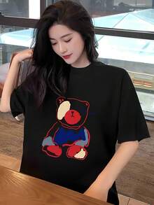 New Arrival Women's Korean Midi T-Shirt, Elegant Black With Colorful Bear Print, Round Neck Short Sleeve, Loose Fit, Non-Stretch Fabric With Shiny Texture, Ideal For Summer And Layering - 黑色 - 查看 1