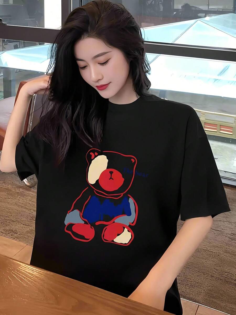 New Arrival Women's Korean Midi T-Shirt, Elegant Black With Colorful Bear Print, Round Neck Short Sleeve, Loose Fit, Non-Stretch Fabric With Shiny Texture, Ideal For Summer And Layering - 黑色 - 查看 1