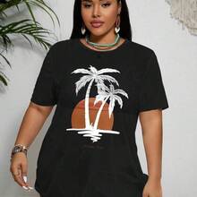 Swim Lushore Plus Size Women Summer Beach Wireless Tankini Set & Palm Tree Printed Short Sleeve Cover Up - Multicolor - Ver 11