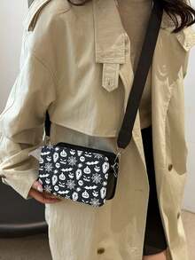Bolso de hombro de mujer con estampado de calavera, bolso cruzado, bolso cuadrado, mini bolso para teléfono, bolso para lápiz labial y cosméticos - Negro - Ver 4