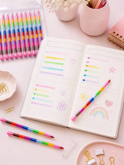 12pcs Stackable Rainbow Colored Pencils, Stackable Colored Crayons, Suitable For School, Office Supplies, Party Favors And Birthday Gifts (Multicolor)