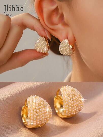 Hihho 1 Pair Fully Paved Tiny Bead & Sparkling Zirconia Accent Geometric Hoop Earrings, Delicate Luxurious Versatile Earrings Suitable For French Romantic, Japanese Chic, Work Commute, And Date Night Looks