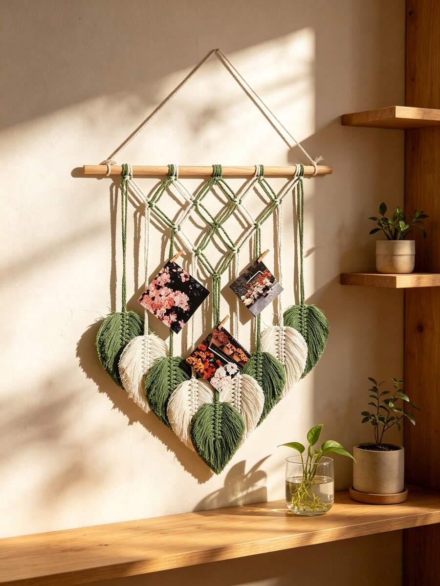 1 chiếc treo tường macrame boho trưng bày ảnh hình lá, thảm treo trang trí phòng phong cách aesthetic, kệ treo dệt tổ chức, nghệ thuật tường thực vật, trang trí nhà kiểu farmhouse, giá giữ ảnh kỷ niệm, vật trang trí tường bohemian, decor nội thất mộc mạc sang trọng cho phòng khách, phòng ngủ, căn hộ, ký túc xá, hành lang, lối vào, tường gallery, phong cách nhà ấm cúng, phông nền trưng bày ảnh, góc thiền, decor studio, decor cafe, điểm nhấn treo tối giản, ý tưởng quà tặng, trang trí phòng tự nhiên, decor kệ