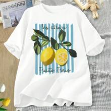 Camisetas de manga corta para mujer 100% algodón, cuello redondo, camiseta con estampado de limones en acuarela "Les Citrons", impresión a una cara, top casual de manga corta, fondo a rayas y camiseta con cita en francés, estilo veraniego transpirable para uso diario de mujeres. - Blanco - Ver 4