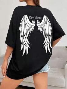 Dark Angel Wing Women's Short Sleeve T-Shirts, Graphic Print T-Shirts On  For Women, Hip Hop Style Clothing, 100% Cotton Short Sleeve T-Shirts. - 黑色 - 查看 4