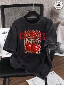 Men's And Women's 100% Cotton Vintage T-Shirt For Women - Leopard And Cherry Print, Loose Fit, Machine Washable For Casual Everyday Wear, Vintage Style, Suitable For Clothing - 黑色 - 查看 7