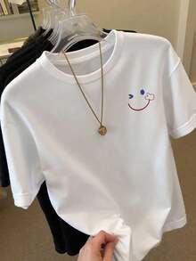 Women's Short-Sleeved T-Shirt With  Face Print, Summer - 白色 - 查看 1