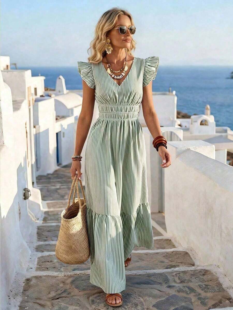 YHHRafferiza Vestido de vacaciones con cuello en V, manga corta y estampado floral romántico para mujerYHH - Verde - Ver 1