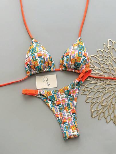 两件套休闲优雅性感波西米亚风花卉扎染边饰比基尼泳衣，适合海滩度假、春夏假期穿着