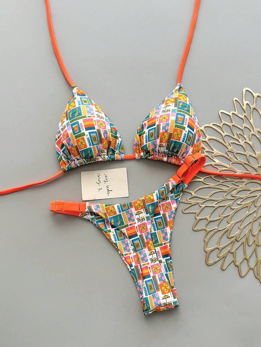 两件套休闲优雅性感波西米亚风花卉扎染边饰比基尼泳衣,适合海滩度假、春夏假期穿着 - 彩色 - 查看 1