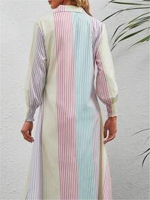 Women's Autumn Striped Long Sleeve Ruched Cuff Shirt Dress, Collared Casual Elegant Dress, Back To School Yellow - Yellow - View 2