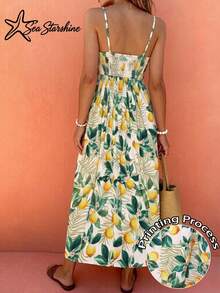Women's Casual Elegant Vacation Style Lemon Leaf All-Over Print Spaghetti Strap Dress, Spring/Summer - Multicolor - View 2