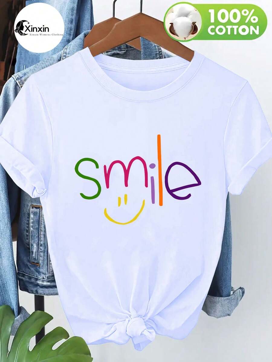 100% Comfortable Women's T-Shirt, With Fashionable And Colorful "Smile" Letter Pattern Print, Comfortable, Soft And Breathable, Ideal As A Casual Summer Top, Machine Washable, Suitable For Everyday Use Both Indoors And Outdoors. - White - View 1