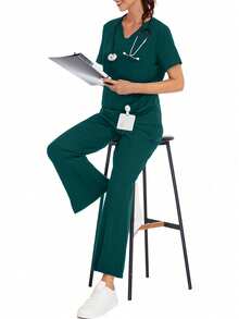 Solid Color V-Neck Short Sleeve Top And Split Leg Pants Lab Coat Nurse Scrub Uniform Scrub Uniform Set, Pet Hospital Clinic Work Scrub Uniform Set With Pockets Spring - Dark Green - View 7