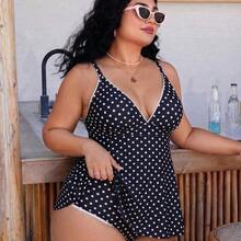 Swim Mod Plus Size Women's Polka Dot Print Deep V-Neck Ruffle Top Paired With Regular Trousers, Flattering Silhouette Beach Atmosphere Women's Swimwear Set - Multicolor - Ver 8