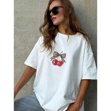 Camiseta casual para mujer, 100% algodón puro, holgada, versátil, estampada, de manga corta, divertida, linda y juvenil. - Negro - Ver 2