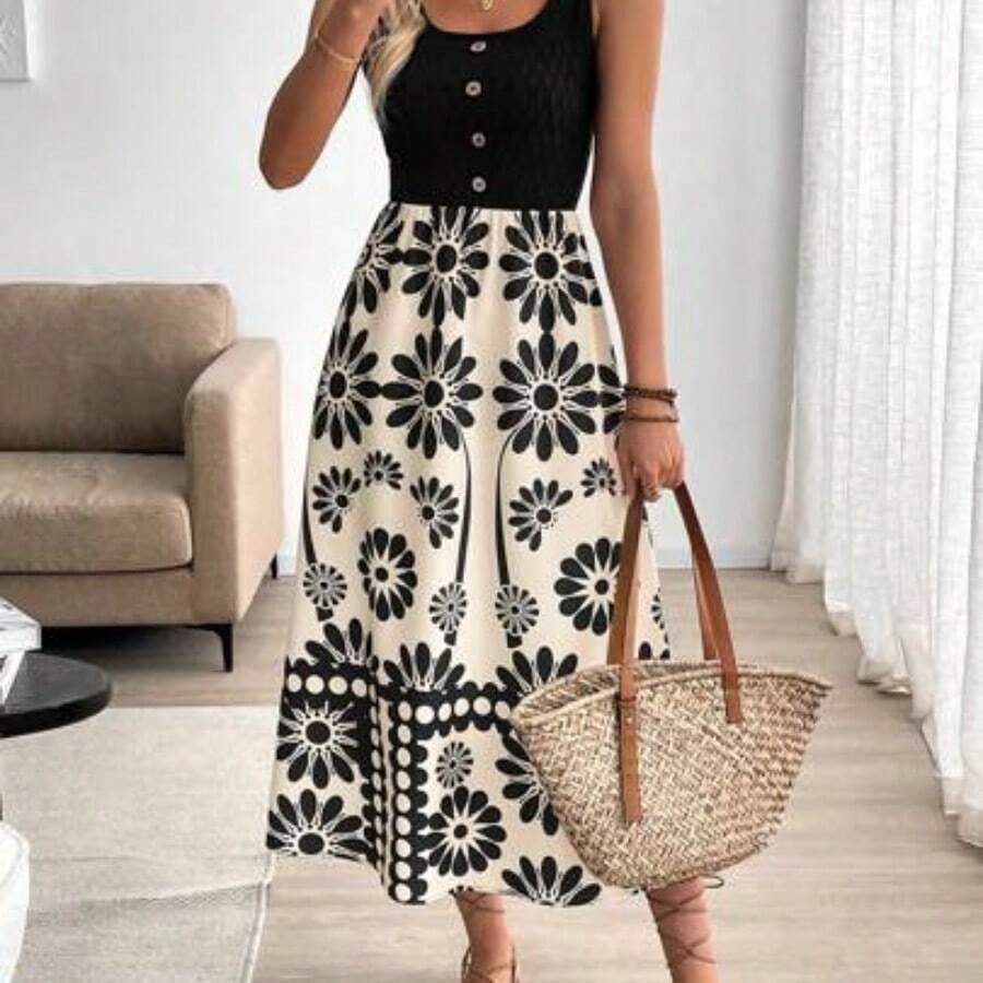 Women's Vacation Style Printed Patchwork Sleeveless Bodycon Dress Orange Vacation Dress Orange Beach Dress Orange Summer Dress Orange Sundress Women Dresses Orange Spring Dresses Dresses For Women Orange Dresses Floral Print Dresses Midi Dresses - Blanco y Negro - Ver 1