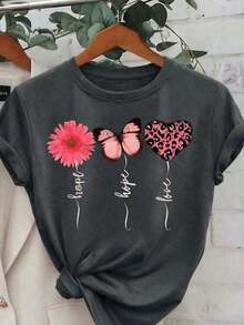 Camiseta Casual de Manga Corta con Cuello Redondo para Mujer, con Estampado Floral de Mariposas y Corazones de Leopardo, de Poliéster de Longitud Regular con Ligera Elasticidad - Blanco - Ver 8