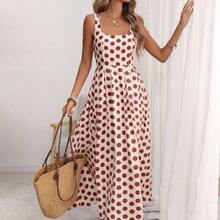 Women's U-Neck Wide Strap Cinched Waist Pleated Back Adjustable Elastic Flared A-Line Midi Dress, Romantic Big Polka Dot, Elegant French Retro Minimalist, Suitable For Office, Commute, Business, Casual, Beach, Spring/Summer - Verde - Ver 6