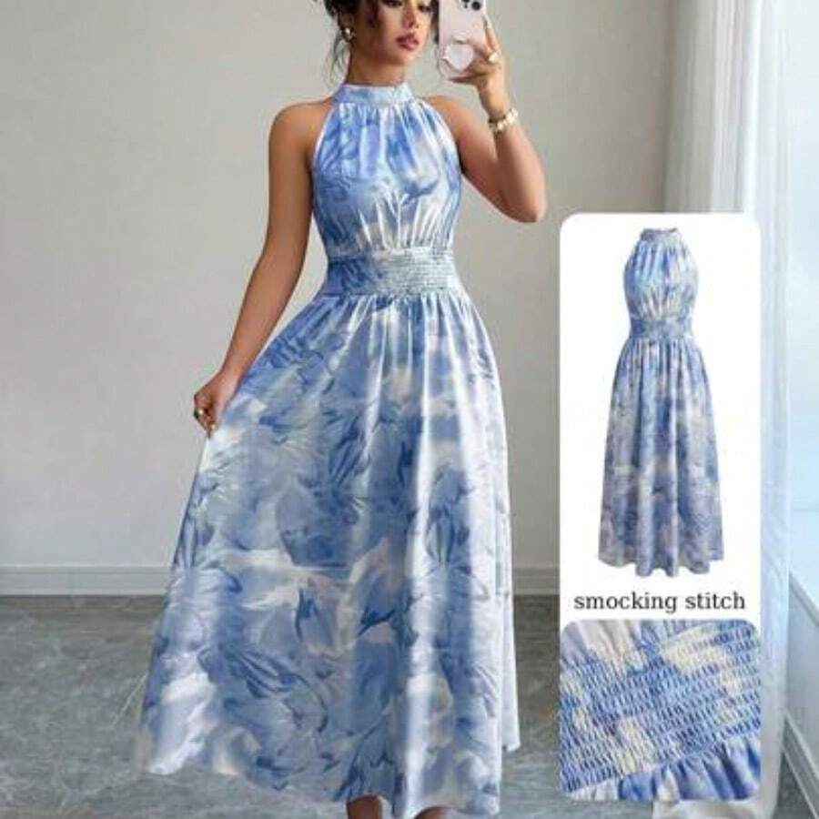 Women's Blue Tie Dye Print Sleeveless Halter Waist Tie A-Line Dress - Azul - Ver 1