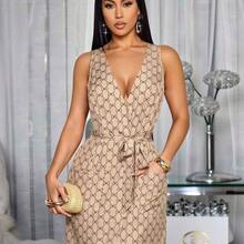 Women's Vintage All-Over Print Sleeveless Tie-Back Waist Cinching Mini Dress, Elegant For Everyday, Dates, Afternoon Tea, Gatherings, Parties, Graduation, Commute, Office, Vacation, Music Festivals And More - Verde - Ver 8
