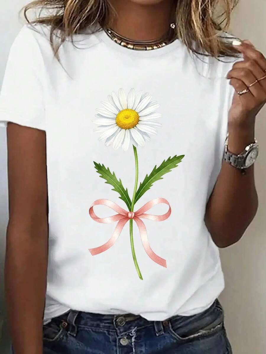 Summer Garment, Carefree Summer Leisure Wear With Lily Print 'I Have Carefree Summer Leisure', Breathable And Lightweight, Round Neck, Perfect Choice For Spring And Summer Casual Wear, A New Summer Fashion Product And A Holiday Gift. - 白色 - 查看 1