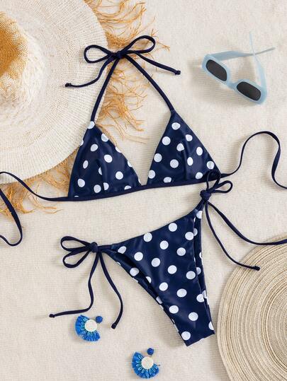 PEPPERMOLLY Bộ bikini chấm bi xanh navy, áo tam giác camisole nữ với quần buộc phía trước, đồ bơi mùa hè cho bãi biển và tiệc hồ bơi