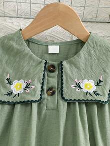 Girls' Solid Green Sleeveless Dress With Pleated Design, Black Peter Pan Collar, Daisy Embroidery, Half-Button Front, Layered Ruffle Hem - Olive Green - View 3