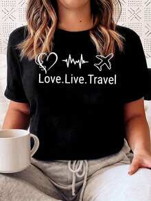100% cotton Camiseta Casual de  de Cuello Redondo y Manga Corta con Estampado Gráfico de Love Live Travel - Negro - Ver 2