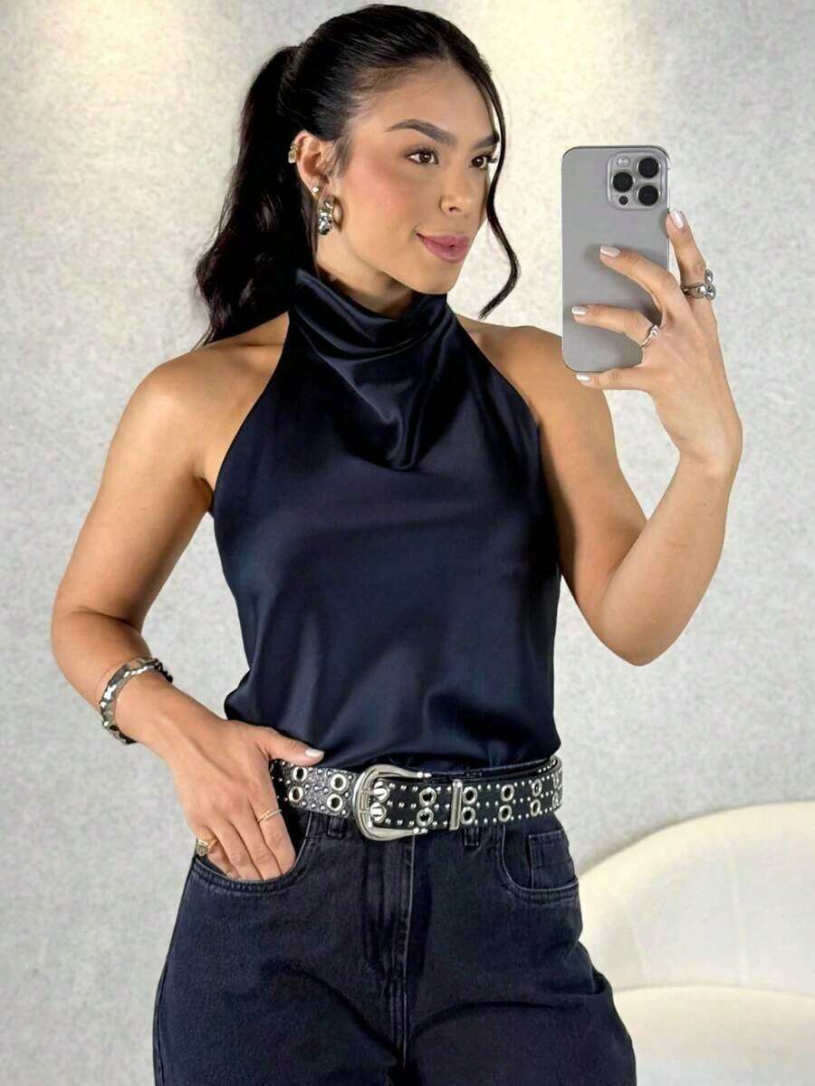 Camiseta sin mangas de satén de unicolor con cuello alto tipo halter Y2K para mujer, ropa de calle linda para el verano en color negro casual - azul real - Ver 1