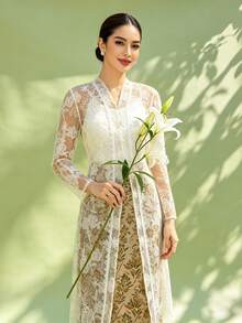 Đầm dài dự tiệc màu trắng thanh lịch, chất liệu ren xuyên thấu, dành cho nữ. - trắng - Xem 3