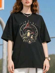 Camiseta con Gráficos de Hongos Estéticos, Estilo Goblincore y Cottagecore Oscuro, Unisex, para Uso Diario en el Campus, para Mujeres y Hombres |   Diseño exquisito |   Suelto y cómodo |   Fácil de combinar | - Negro - Ver 3