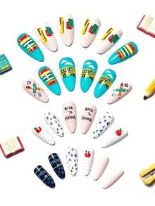 24pcs Book Pattern Short Nail Stickers, Apple Design Nail Art Decals, Waterdrop Shaped Nail Wraps, Convenient For Daily, Party, Travel, Manicure - Multicolor - View 5
