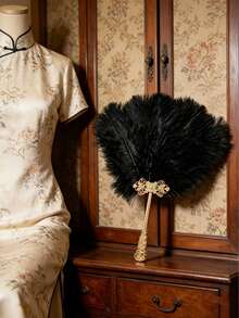 1pc Vintage Palace Style Luxury Feather Fan, Decorated With Gold Carved Diamonds And Pearl Handle, Hanfu Cheongsam Photography Prop, Elegant Party Ball Hand Fan, Fashionable Home Decor Fan, Graduation Celebration, Summer Essential Portable Tool - Multicolor - View 6