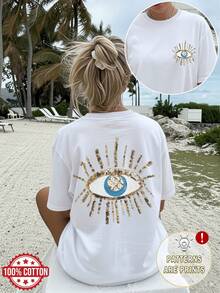 [Diseño Impreso – Sin Textura][Impresión a Doble Cara] Camiseta Casual de Verano para Mujer con Bordado de Cuentas y Estampado de Ojo Turco, Manga Corta, Cuello Redondo, Algodón Puro, Corte Holgado con Hombros Caídos - Estilo Urbano Vintage, Camiseta Unisex de Algodón de Manga Corta y Cuello Redondo - Blanco - Ver 12