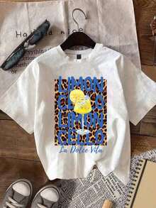 Camiseta regular de manga corta y cuello redondo con estampado de letras y leopardo casual para mujer, verano - Multicolor - Ver 1
