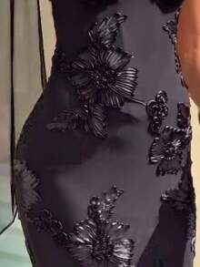 Vestido Vacacional Sin Tirantes Bordado Floral - Negro - Ver 10