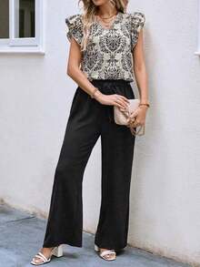 2 piezas Conjunto casual de vacaciones con blusa de mangas de casquillo con cuello en V con estampado floral y pantalones de pierna ancha para mujer - Negro - Ver 4