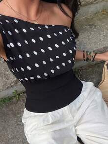 1pc Polka Dot Asymmetric Shoulder Fitted Elegant Top For Women, Lining, Suitable For Summer Vacation, Casual, Work, Dating Black - Black - View 5