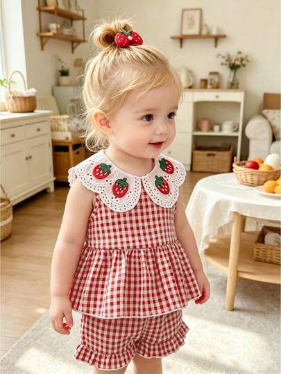 Bộ đồ đôi 2 món cho bé gái, kiểu dáng thường ngày, họa tiết dâu tây kẻ caro, chất liệu vải dệt mềm mại và thoải mái, gồm áo ba lỗ và quần short, thích hợp mặc ngoài trời, mùa xuân/hè.