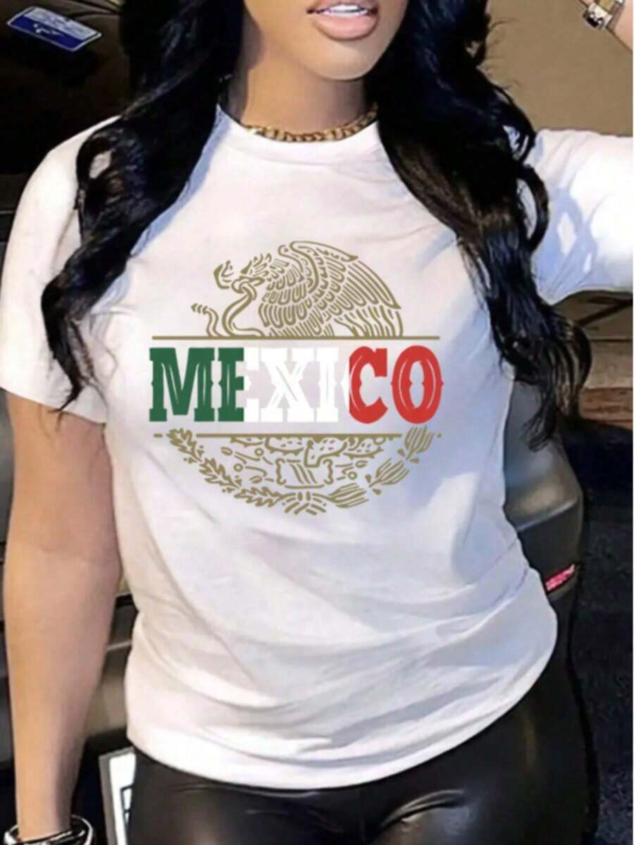 Camiseta informal de verano para mujer con estampado de águila mexicana y serpiente, cuello redondo, manga corta, 100 % algodón, 220 g de algodón grueso, cómoda, estilo urbano - Negro - Ver 1
