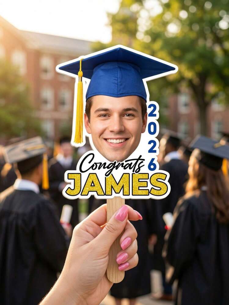 1pc Personalized Graduation Face Photo Fan, Custom Funny Grad Fan With Cap & Diploma, Class Of 2026 Graduation Gift, Graduation Party Photo Prop - Black - View 12
