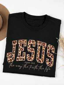 Camiseta casual de talla grande para mujer con estampado vintage de leopardo y la imagen de Jesús, sencilla, elegante y versátil. - Negro - Ver 2