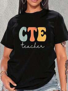 Camiseta Verano Casual Para Mujer Con Estampado De Profesor de CTE Manga Corta Súper Cómodo - Negro - Ver 7