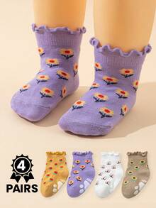 4 MORE WEI 4 đôi tất cổ cao chống trượt viền ren cho bé, tất cotton họa tiết hoa nhí tươi tắn cho bé, thoáng khí và không gây khó chịu. - Nhiều màu - Xem 1