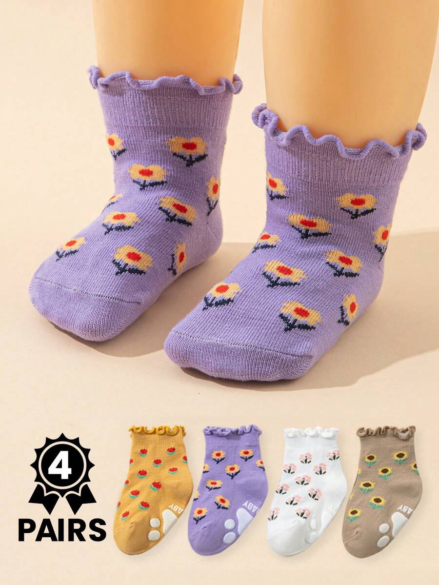4 MORE WEI 4 đôi tất cổ cao chống trượt viền ren cho bé, tất cotton họa tiết hoa nhí tươi tắn cho bé, thoáng khí và không gây khó chịu. - Nhiều màu - Xem 1