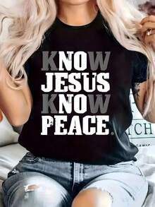 Conoce a Jesús, Conoce la Paz, Cristianismo, Cruz, Fe, Religión, 1 Pieza, Camiseta de Talla Grande para Mujer, Divertida, con Estampado Gráfico, Manga Corta, Novedosa, 100% Algodón, Camiseta Casual con Cuello Redondo - Negro - Ver 1