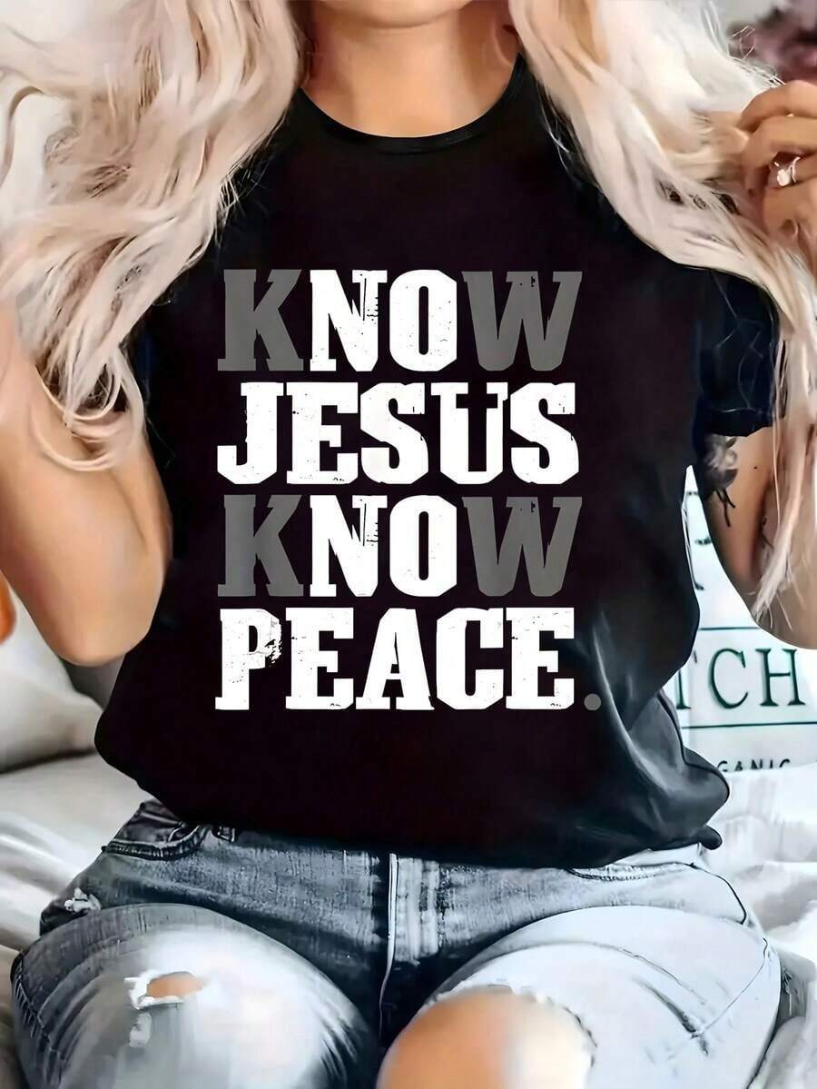 Conoce a Jesús, Conoce la Paz, Cristianismo, Cruz, Fe, Religión, 1 Pieza, Camiseta de Talla Grande para Mujer, Divertida, con Estampado Gráfico, Manga Corta, Novedosa, 100% Algodón, Camiseta Casual con Cuello Redondo - Negro - Ver 1